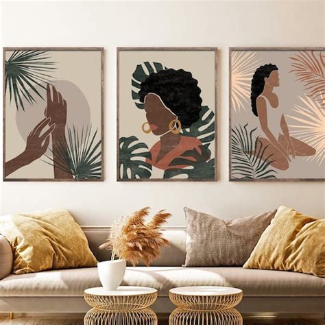 Black Woman Abstract Art Set Of 3 Boho Gallery Wall Art Etsy