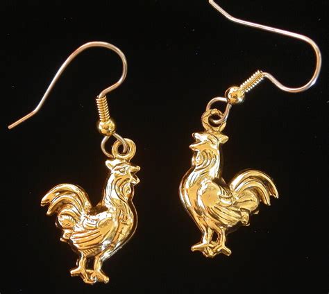 Chicken Rooster Hen Earrings 24 Karat Gold Plate Farm Ebay