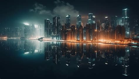 Premium Photo Illuminated Skyline Reflects In Water Bustling City