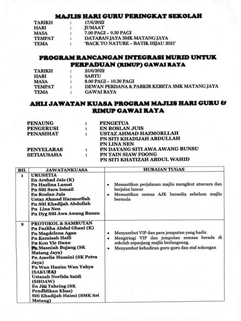 Ajk Program Majlis Hari Guru Dan Rimup Gawai Raya 2022 Pdf