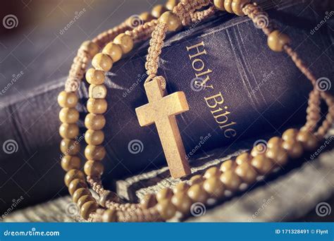 Rosary Beads And Crucifix Cross On Holy Bible Stock Image Image Of