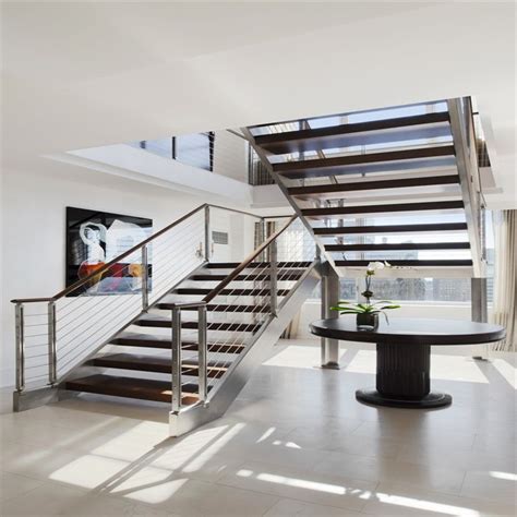 Modern Stair Glass Railing LED Light Floating Straight Stairs Wood