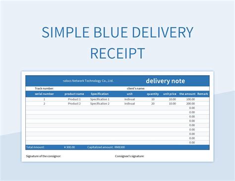 Simple Blue Delivery Receipt Excel Template And Google Sheets File For