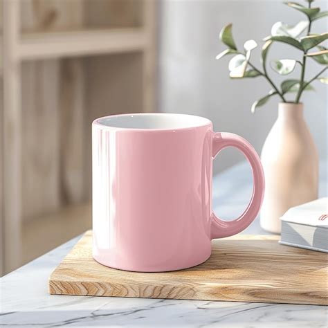 Una Taza De Caf Rosa Se Sienta En Una Mesa Al Lado De Una Planta En