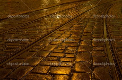 Tram Rails In The Wet Cobblestone Stock Photo Alexanderphoto7 40090329