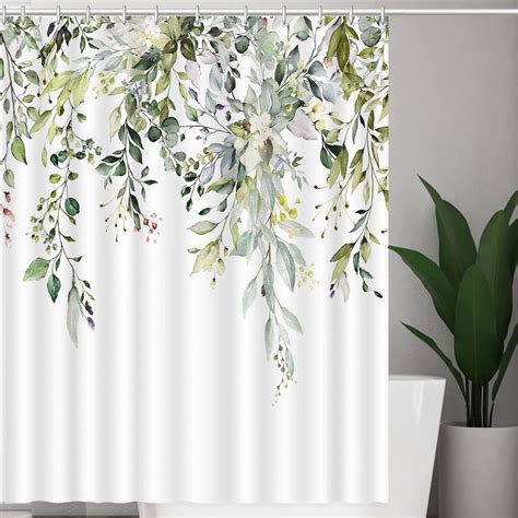 Sage Green Shower Curtain For Bedroom Watercolor Eucalyptus Plant