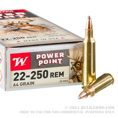 20 Rounds of Bulk .22-250 Rem Ammo by Winchester - 64gr PSP