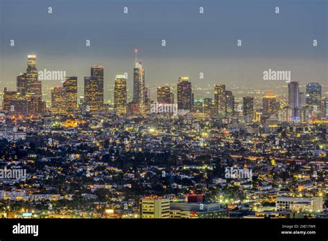 los angeles downtown night skyline  res stock photography  images