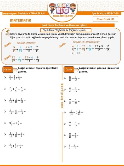 S N F Matematik Ondal K Kesirleri Say Do Rusunda G Sterme Konu