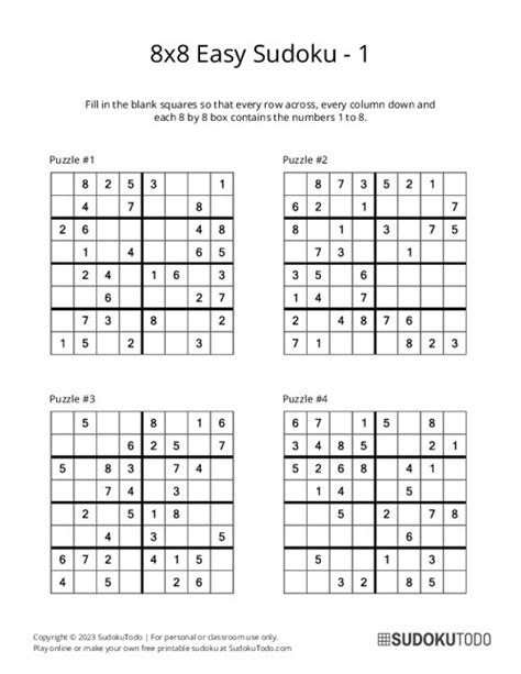 8x8 Easy Sudoku Puzzles Printable