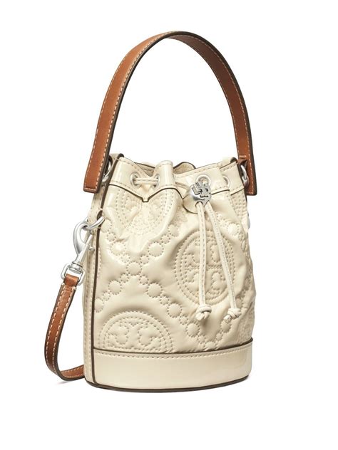 Tory Burch Mini Monogram Embroidered Bucket Bag In Neutrals Modesens