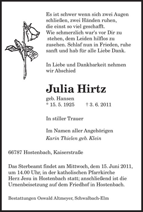 Trauer Und Todesanzeigen Von Julia Hirtz Trauer De