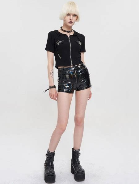 Devil Fashion Black Gothic Punk Zip Faux Leather Hot Pants For Women Darkincloset