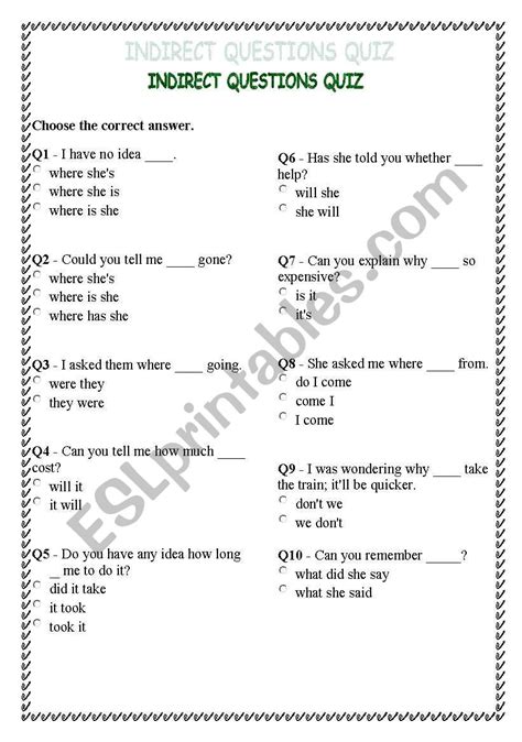 Indirect Questions Quiz Esl Worksheet By Crescent