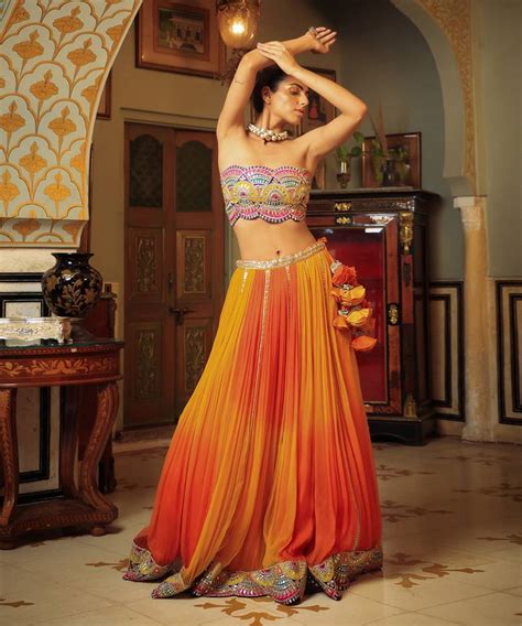 Dilruba Bejewelled Gotapatti Bandeau Blouse And Sunset Ombre Lehenga