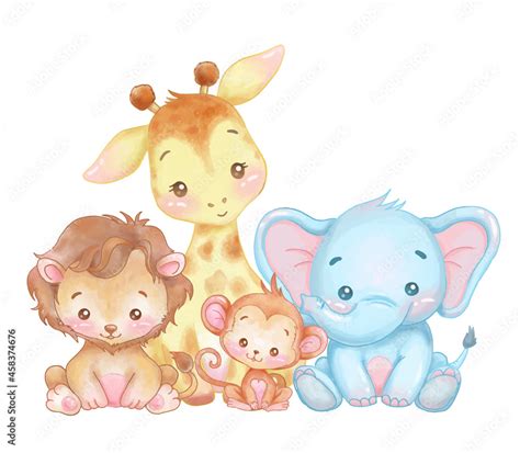 Cute Jungle animals set. Woodland Vector illustrations. Baby animals . Vector illustration with ...