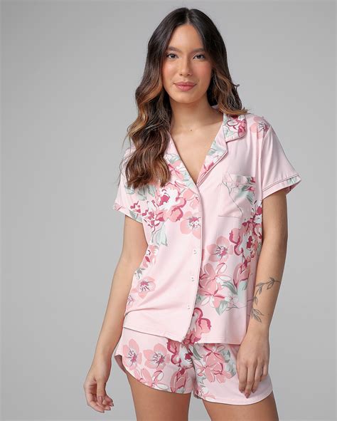 Riachuelo Pijama Feminino Curto Americano Floral Rosa Riachuelo