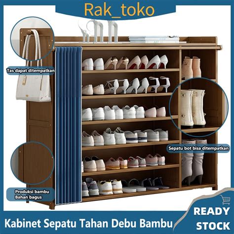 Jual Rak Sepatu Kayu 7 Susun Lemari Sepatu Tahan Debu Dengan Tirai