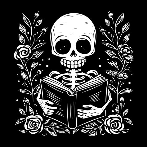 Skeleton reading a book black and white roses flowers floral frame