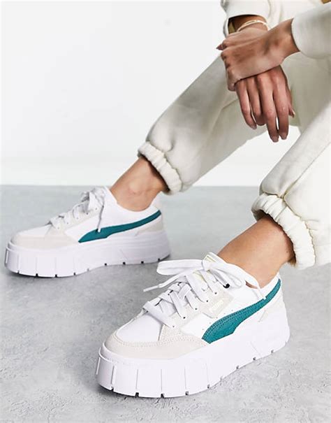 Puma Mayze Stack Cord Detail Sneakers In White And Varsity Green Asos