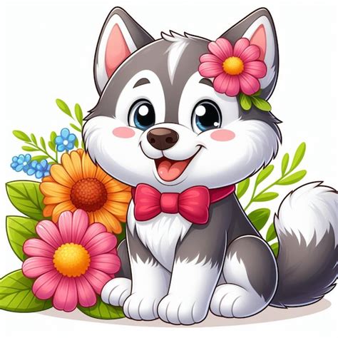 Lindo perro husky siberiano y flores ilustración de dibujos animados