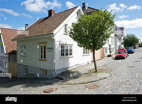 Traditional White Wooden Houses In The Old Gamle Stavanger District