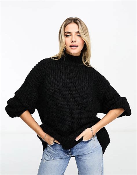 Monki High Neck Chunky Rib Knitted Sweater With Volume Sleeve In Black