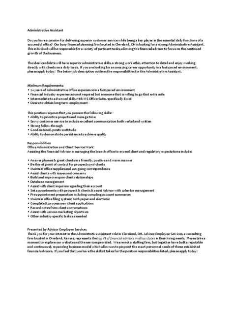 Administrative Assistant Job Posting Pdf Employment Human Resources