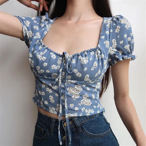 Women Square Neck Puff Sleeved Blouse With Drawstring Detail Floral