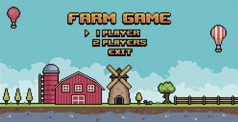 Pixel Art Farm Game Menu 8bit Game Home Screen Landscape With Barn