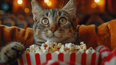 Cat in Glasses is Eating Popcorn and Watching a Movie in the Cinema ...