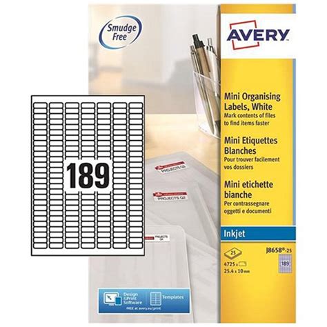 Avery Inkjet Mini Labels 189 Per Sheet 25 4x10mm White J8658REV