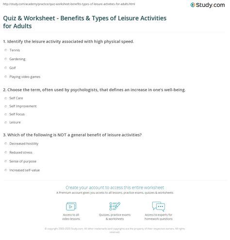 Quiz Worksheet Benefits Types Of Leisure Activities For Adults