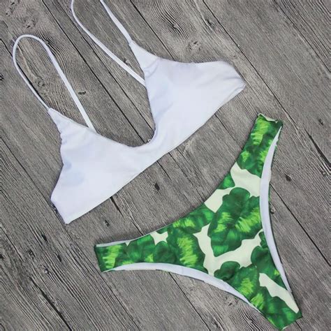 Midou Women Low Cut Push Up Bikini Brazilian Palm Leaf Printed Swimsuit