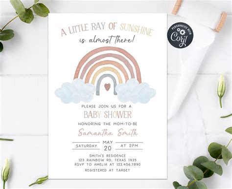 Editable Rainbow Baby Shower Invitation Boho Baby Shower Etsy