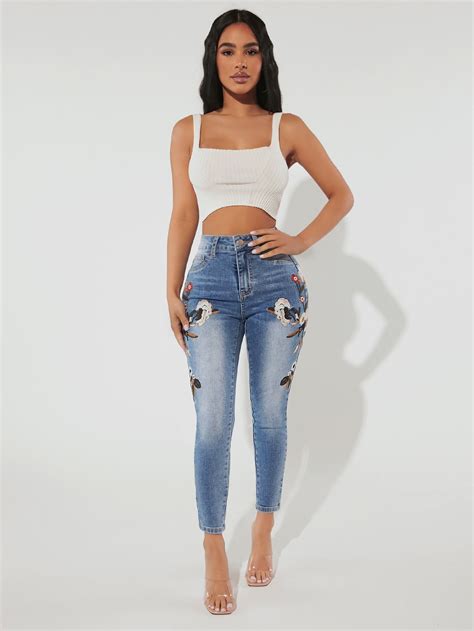 Shein Petite Floral Embroidery Skinny Jeans Shein Usa