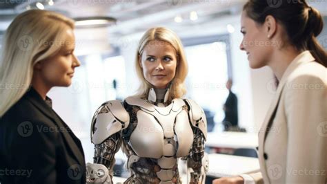 two women talking to a robot in an office generative AI 28362611 Stock ...