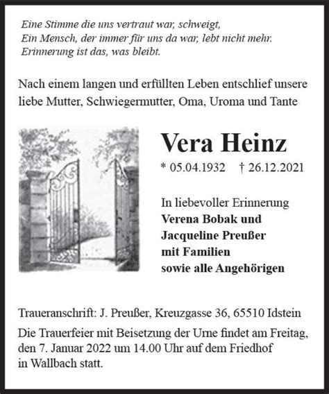 Traueranzeigen Von Vera Heinz Vrm Trauer De