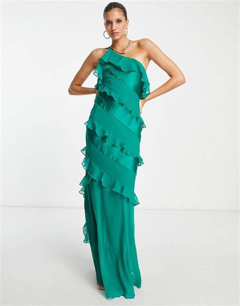 Asos Design Satin Bias Ruffle Maxi Dress In Forest Green Asos