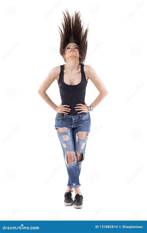 Front View Of Young Woman Hair Toss Movement In Mid Air Action Stock