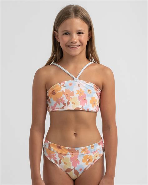 Shop Billabong Girls Walk In The Sun Bandeau Bikini Set In Multi