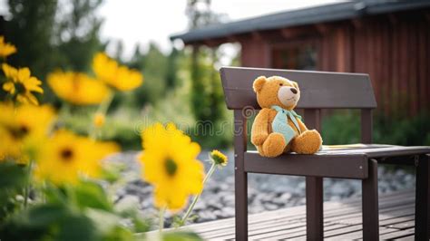 A Teddy Bear Sitting on a Bench in Front of Flowers Stock Illustration ...