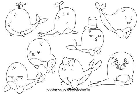 Whale cartoon set black and white vector free download