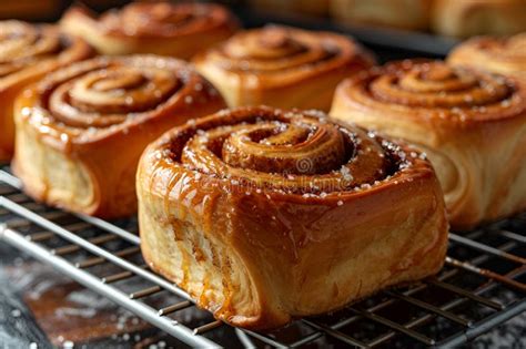 Freshly Baked Cinnamon Rolls Cooling On A Wire Rack Stock Photo Image