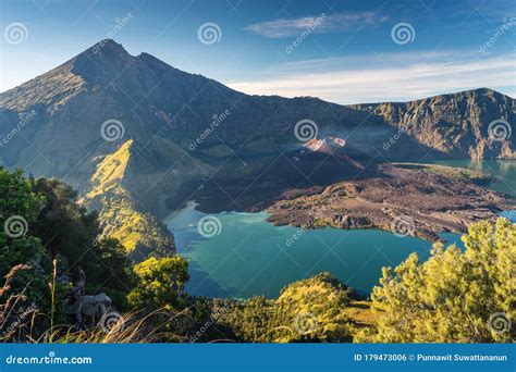 Rinjani Active Volcano Mountain View From Sembalun Crater In A Morning