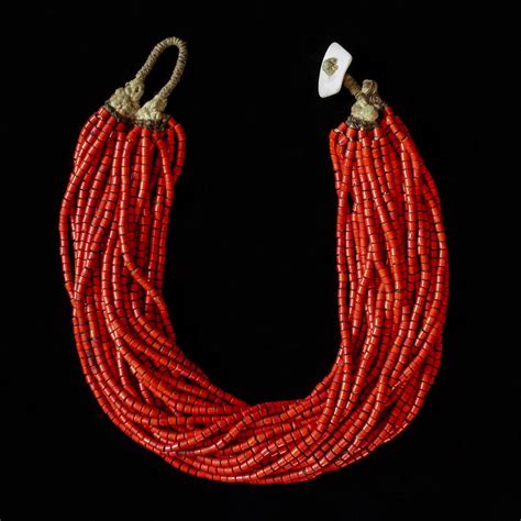 Mid 20th Century Red Glass Beaded Multi Strand Necklace Naga India