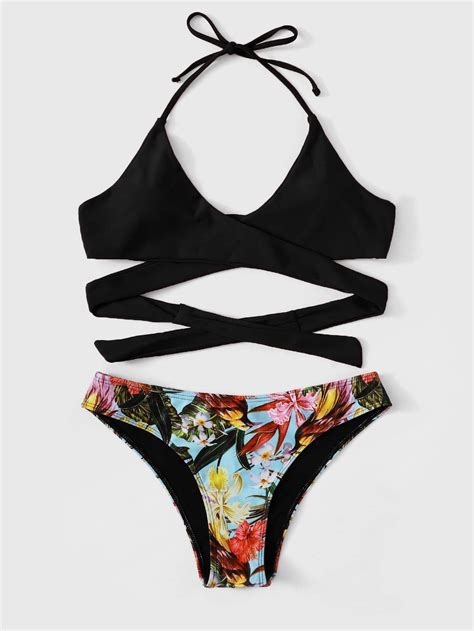 Black Swimsuit Wrap Halter Top With Random Tropical Bikini Bottom