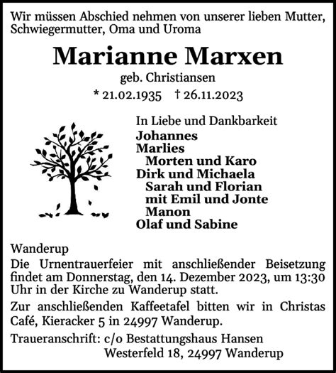 Traueranzeigen Von Marianne Marxen Sh Z Trauer