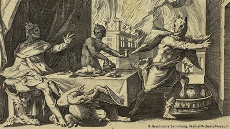 1589 copperplate engraving Zeus Turning Lycaon into a Wolf by Hendrick ...