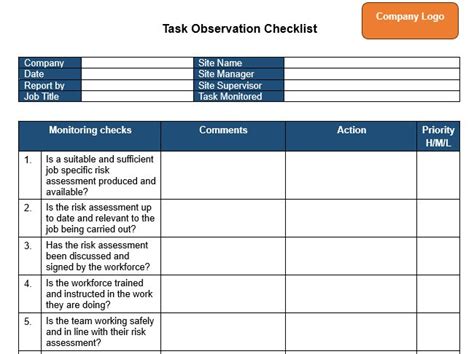 Health And Safety Task Observation Checklist Digital Template Task Observation Checklist